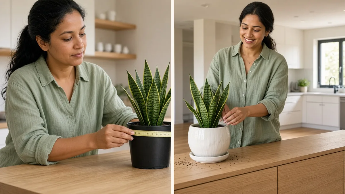 Woman measuring a nursery pot, then placing a repotted snake plant in a white ceramic planter
