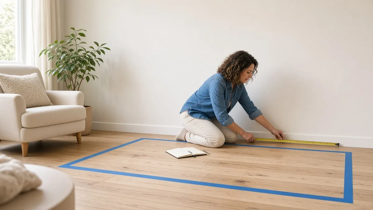 Woman measuring a living room wall with a tape measure near a sofa outline taped on the floor