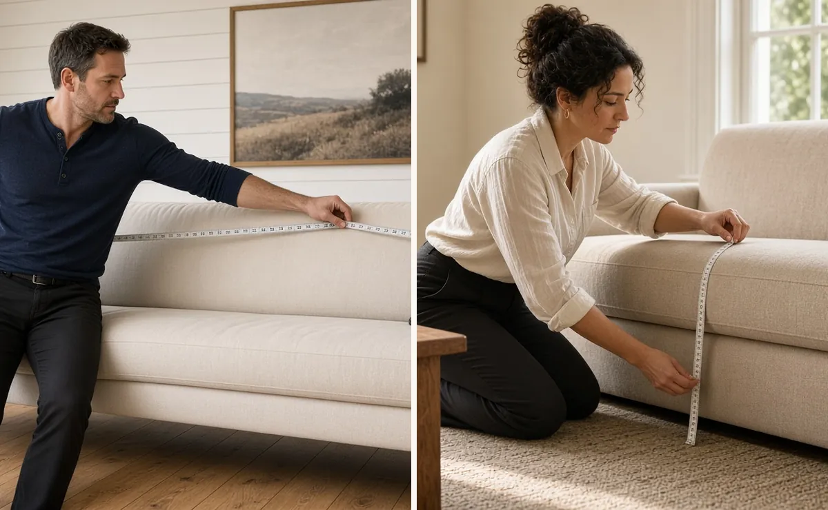 Man measuring sofa length arm to arm with a tape and a woman checking seat height from floor to cushion in a living room