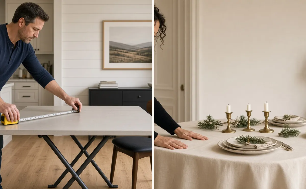 A man measuring a square folding card table edge to edge, then a woman smoothing an ivory cloth with an even drop