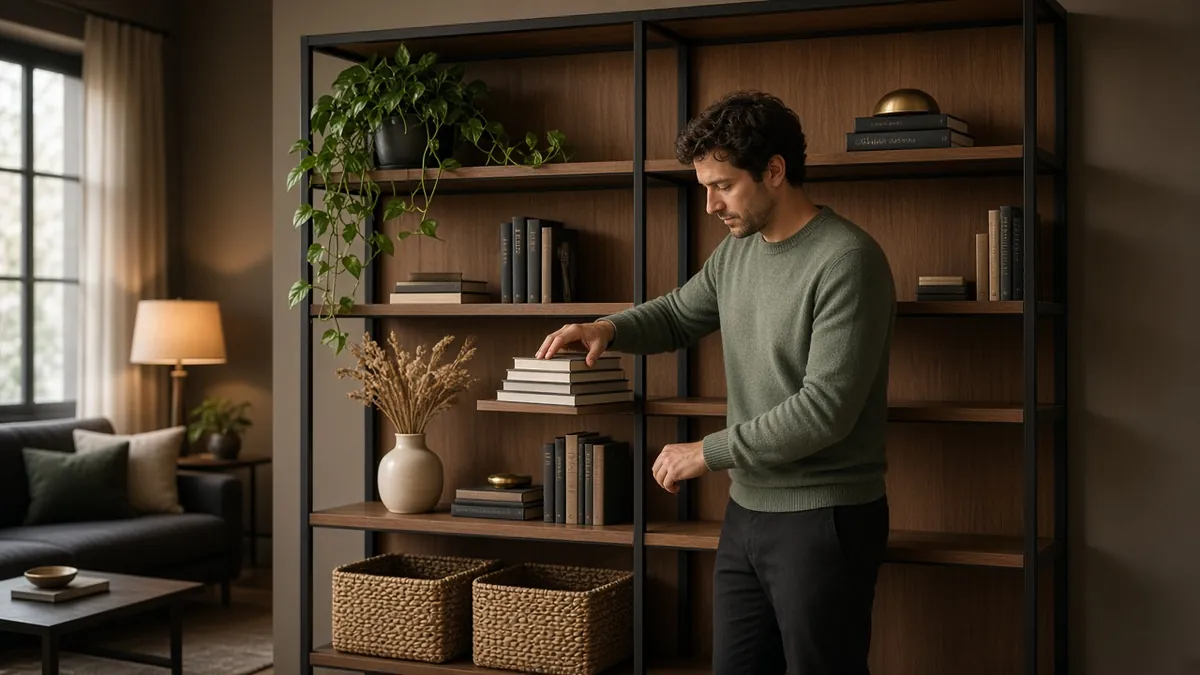 Open bookcase with books stacked upright and flat, a trailing plant, a ceramic vase and woven baskets on the bottom shelf