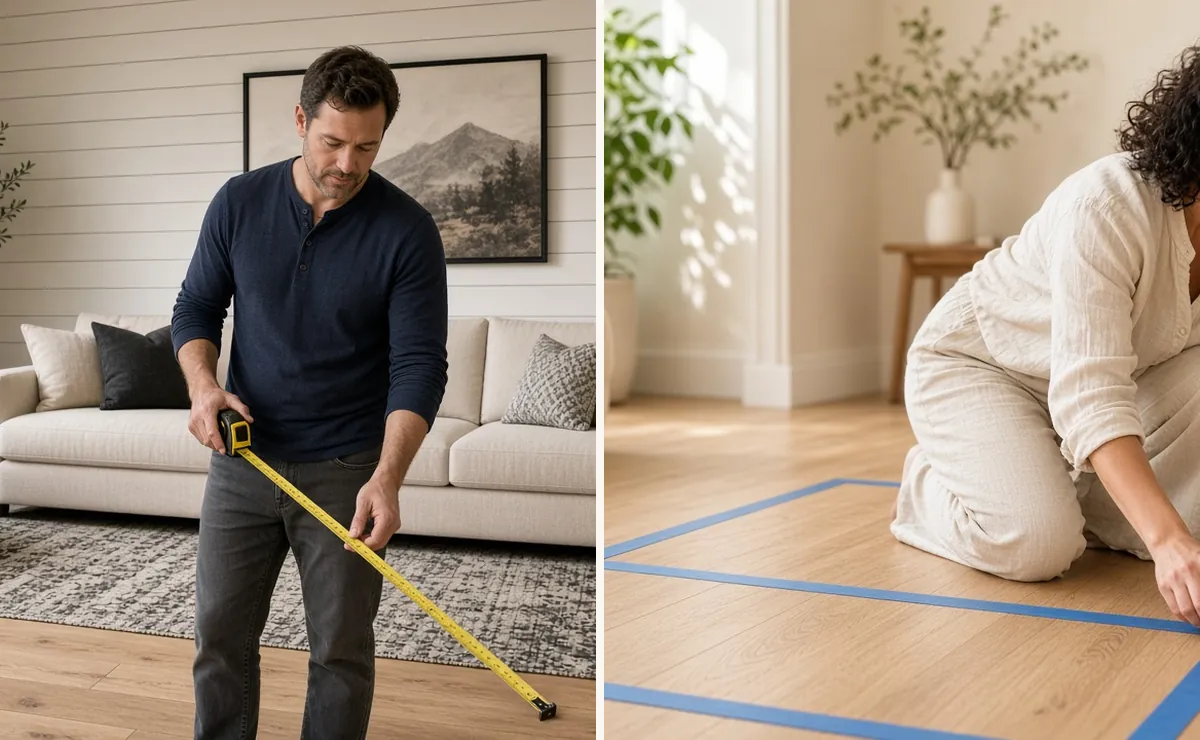 Man measuring a living room seating area with tape, then a woman taping an 8x10 rug size outline on oak floors