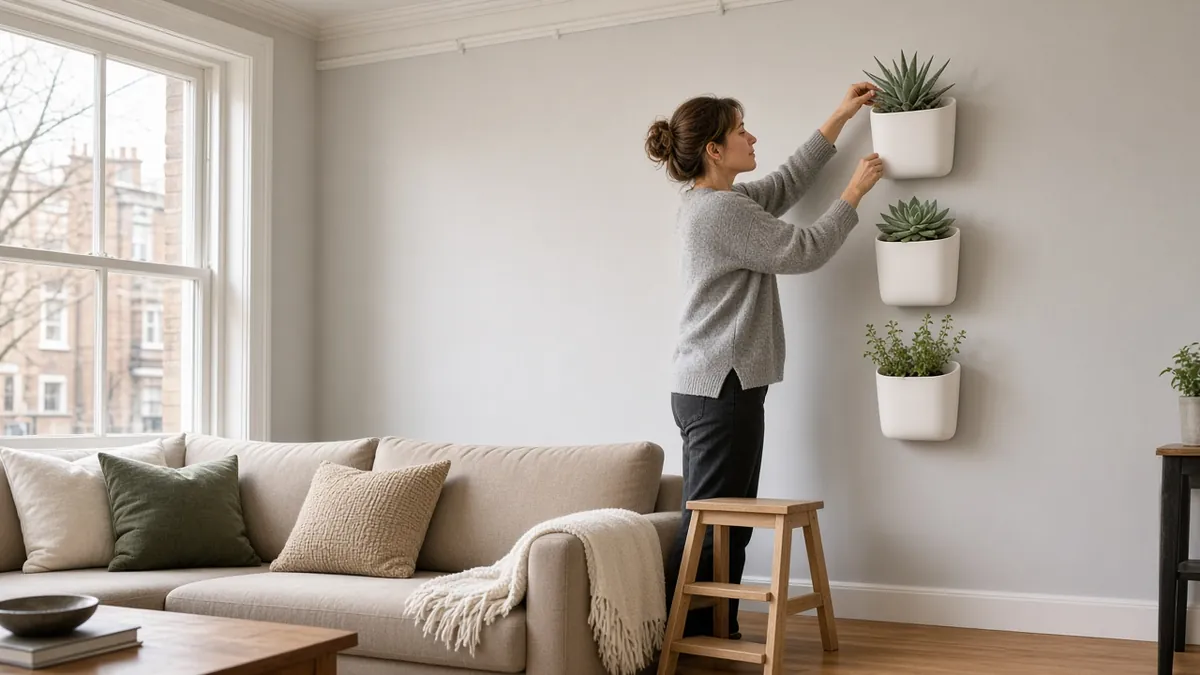 Person styling three white ceramic wall planters above a sofa in a rented living room