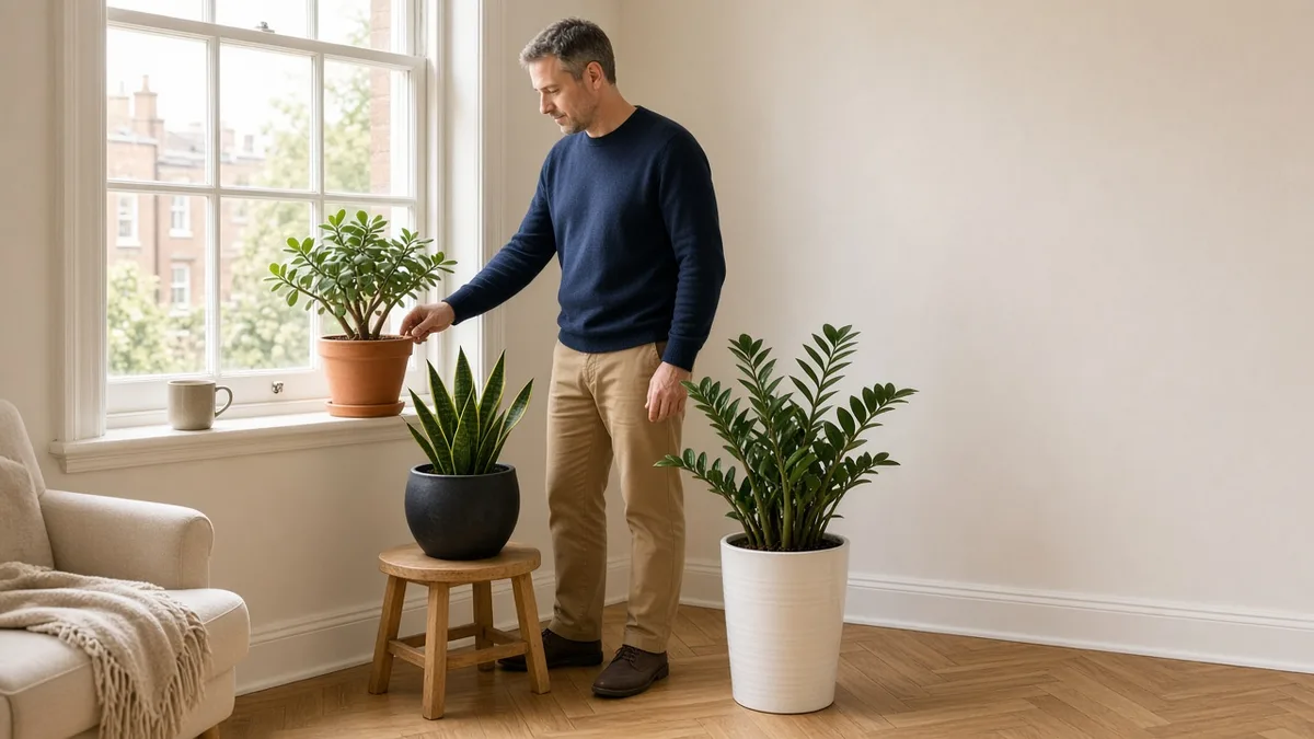 Man grouping terracotta, charcoal and white planters at varied heights beside a bright sash window