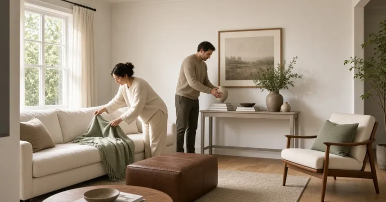 Couple arranging a living room with a sofa, accent chair, console table and storage ottoman in warm natural light