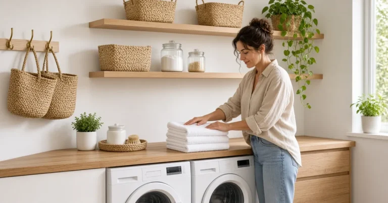 Laundry room ideas: woman folding towels on an oak counter over a front-load washer and dryer, woven baskets on shelves