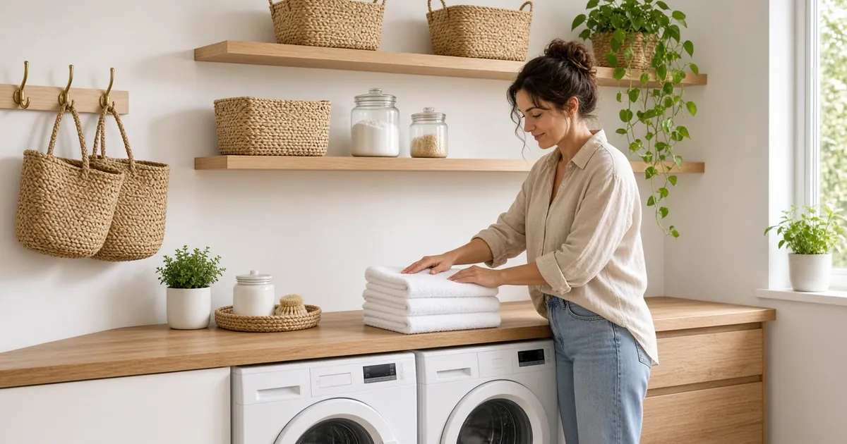 Laundry room ideas: woman folding towels on an oak counter over a front-load washer and dryer, woven baskets on shelves