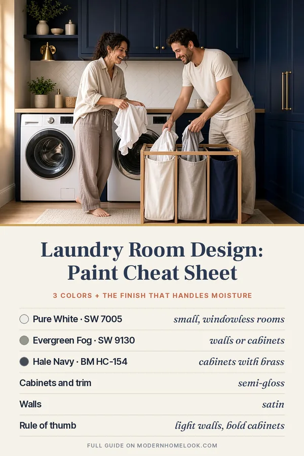 Laundry room design paint cheat sheet with 3 swatches under a photo of a couple sorting laundry by navy cabinets
