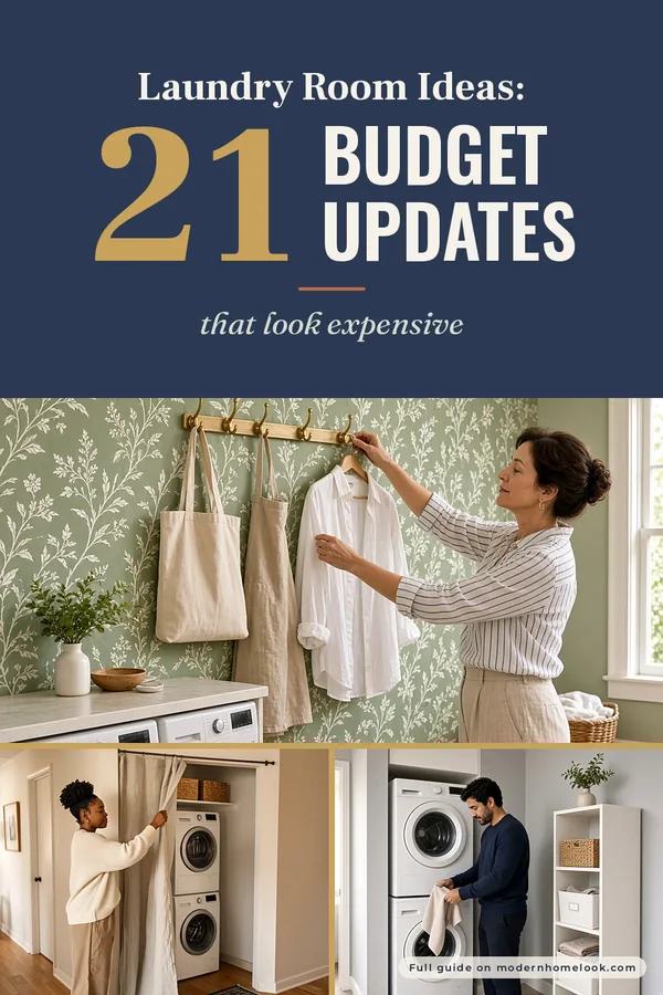 Laundry room ideas: woman by sage botanical wallpaper and brass hooks; laundry closet curtain; stacked washer and dryer