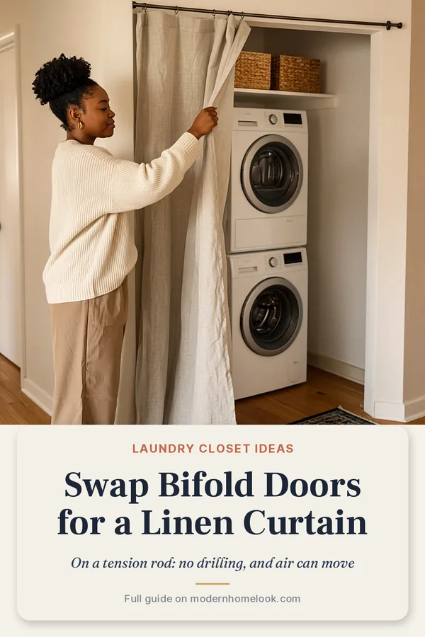 Laundry closet idea: woman pulls back a linen curtain on a rod to show a stacked washer and dryer with woven baskets