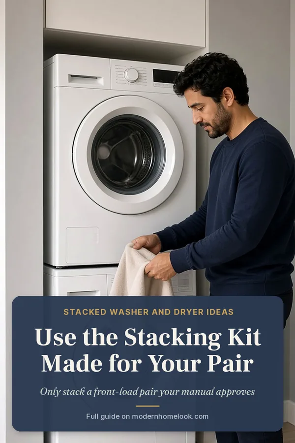 Stacked washer and dryer idea: a man takes a towel from the top machine of a stacked front-load pair in a nook
