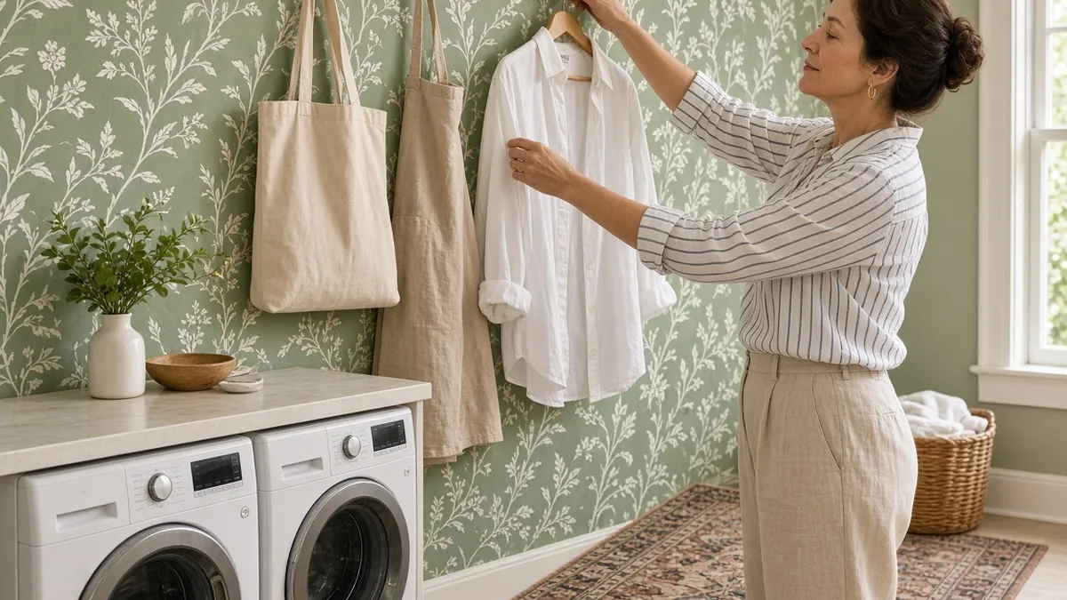 Laundry room design: sage botanical peel-and-stick wallpaper, brass hooks and a woman hanging a white shirt by a runner