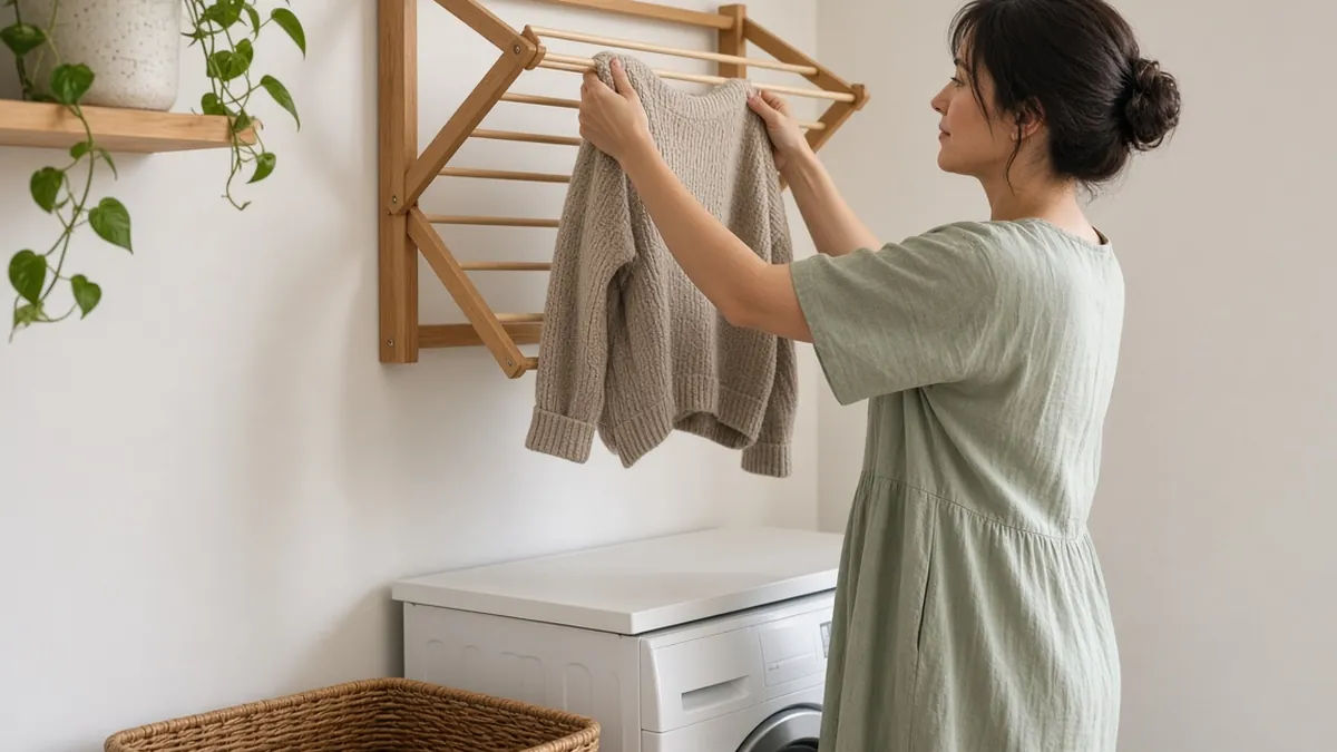 Laundry room storage idea: woman hanging a knit sweater on an open wall-mounted wooden drying rack above a front-load washer