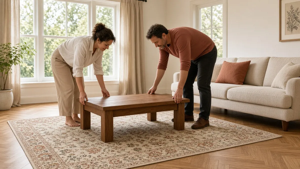 Couple placing a coffee table on an 8x10 rug with the sofa front legs on the rug in a bright American living room