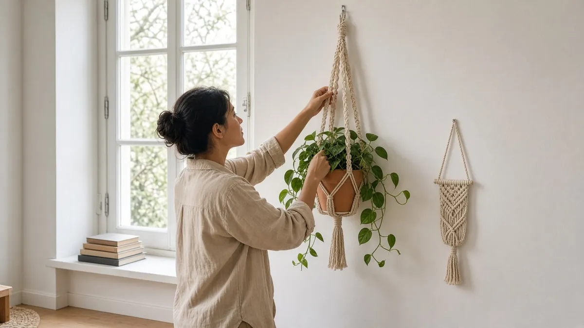 Person adjusting a macrame plant hanger beside a window in a small apartment
