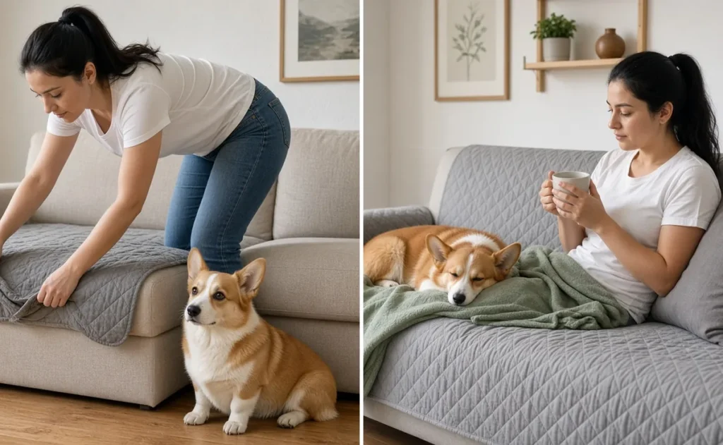 Woman fitting a grey quilted cover over a light sofa as her corgi watches, then relaxing as the corgi naps on a sage throw