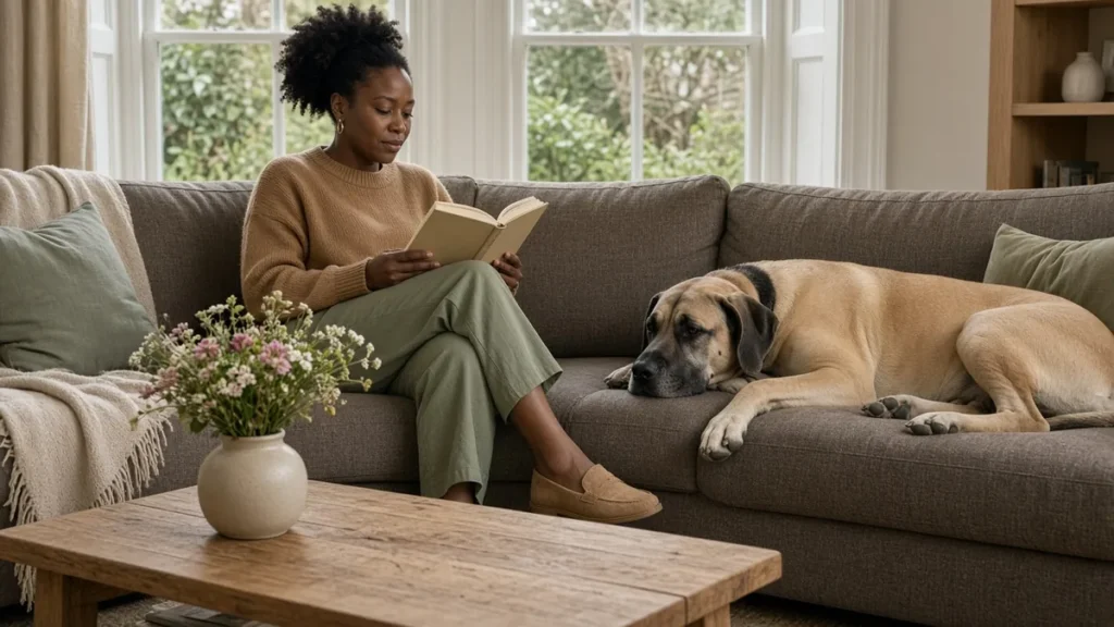 Woman reading a book on a deep taupe performance fabric sofa while a large fawn dog stretches out across the other cushions