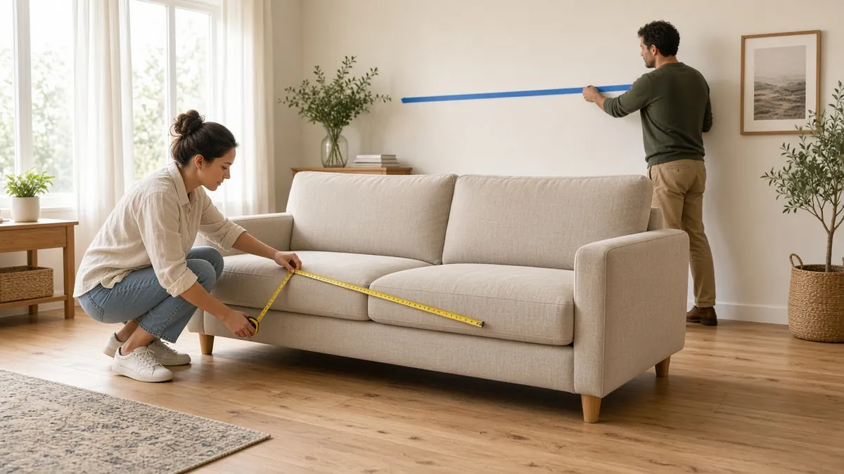 Woman measuring sofa seat depth with a tape measure while a partner marks overall width on the wall behind the couch
