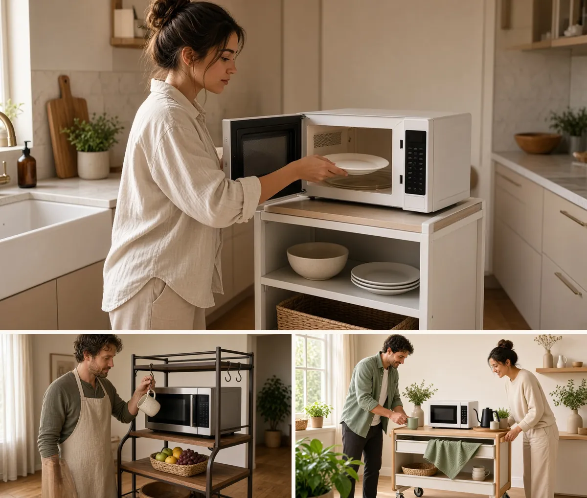 Collage of compact rolling microwave carts and a wider baker-rack style stand being used by people in small kitchens