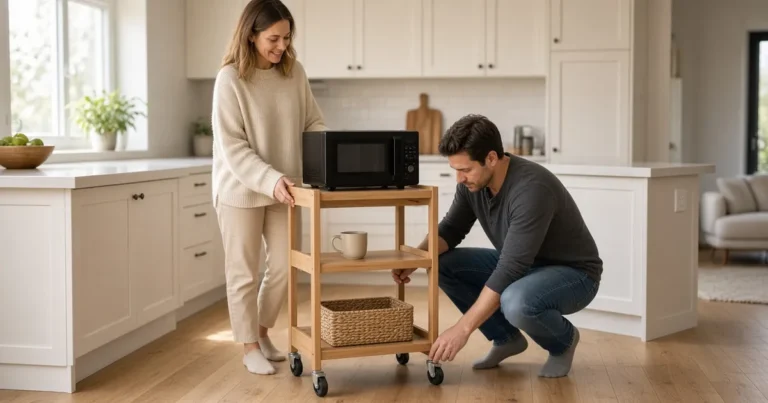 Couple rolling a compact kitchen microwave cart beside a small apartment kitchen counter in warm afternoon light