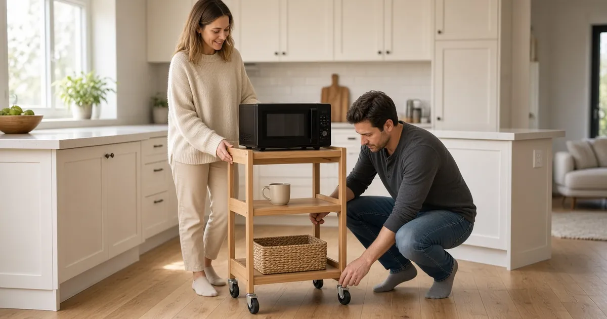 Couple rolling a compact kitchen microwave cart beside a small apartment kitchen counter in warm afternoon light
