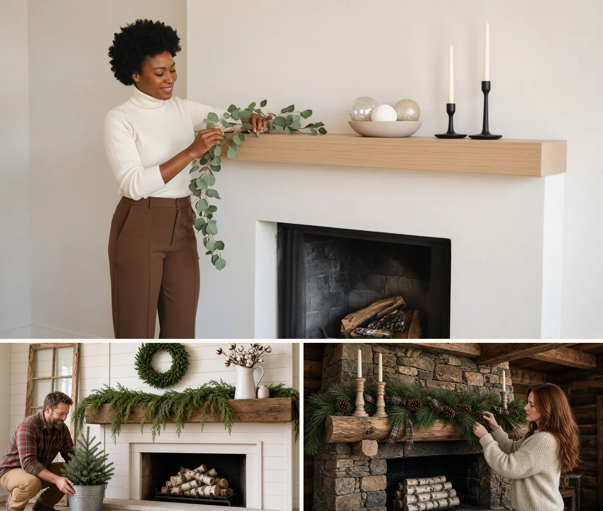 Modern, farmhouse and rustic Christmas mantel ideas styled by people with greenery, candles and natural wood