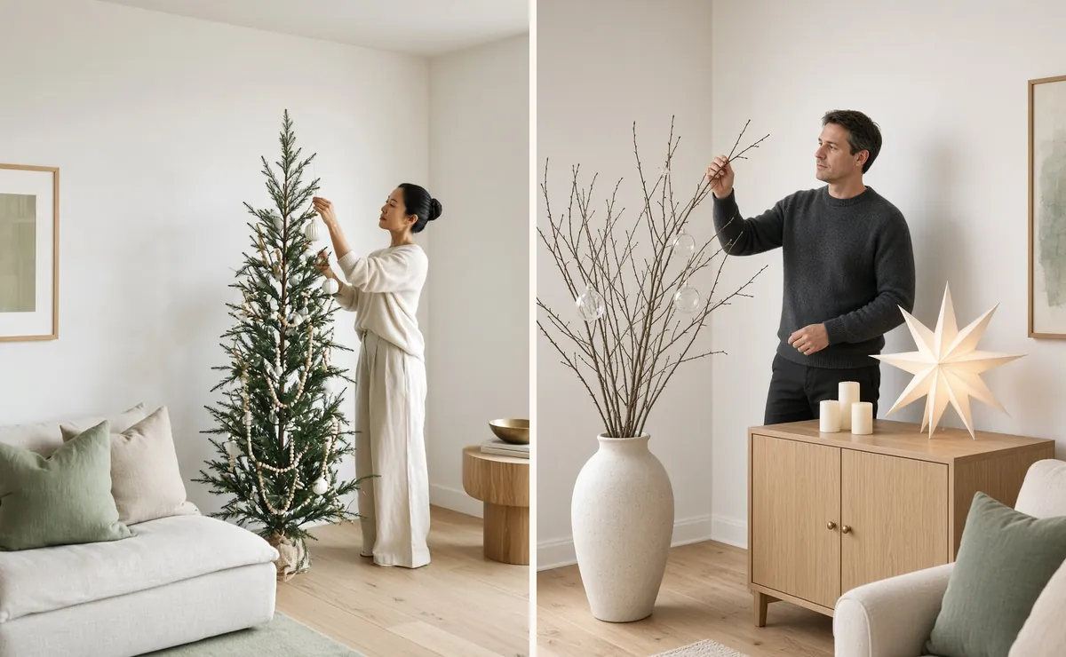 Woman hanging a white ornament on a slim tree beside a branch vase in a modern minimalist Christmas living room