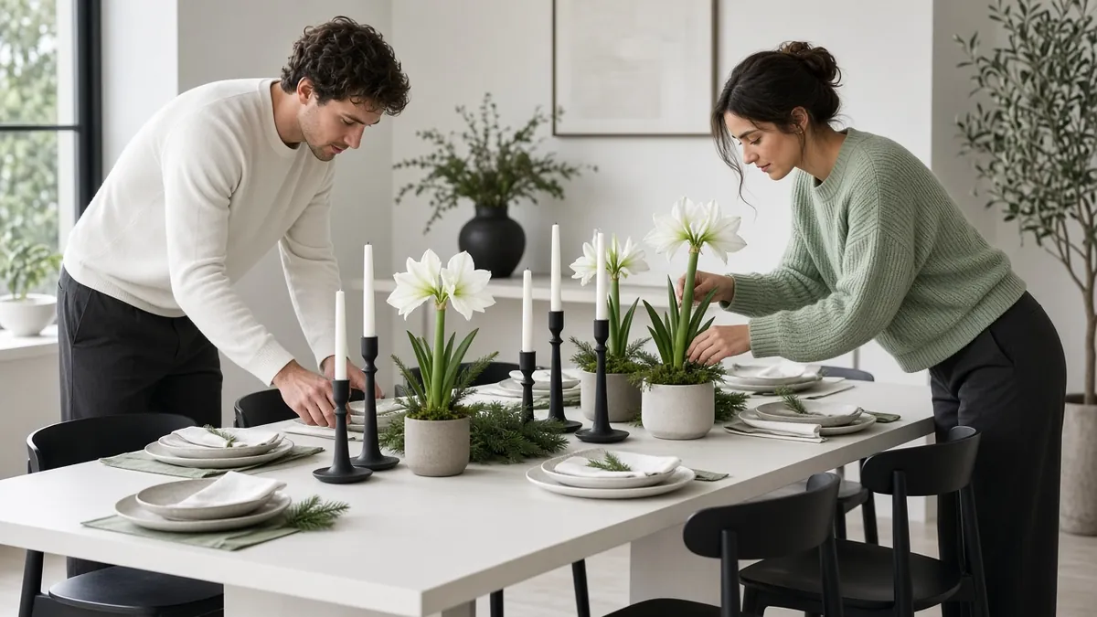 Modern minimalist Christmas table with potted white amaryllis, matte black candlesticks and white stoneware plates