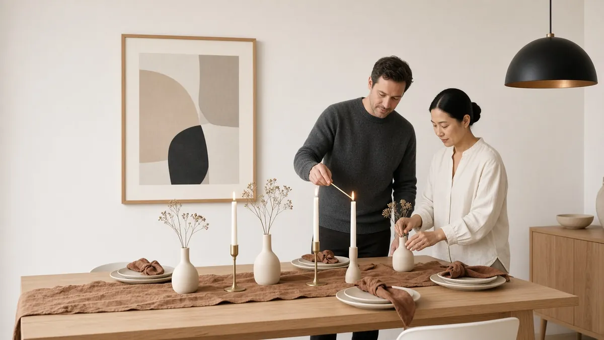 Couple lighting taper candles on a modern thanksgiving table decor setup in cream, caramel and rust tones