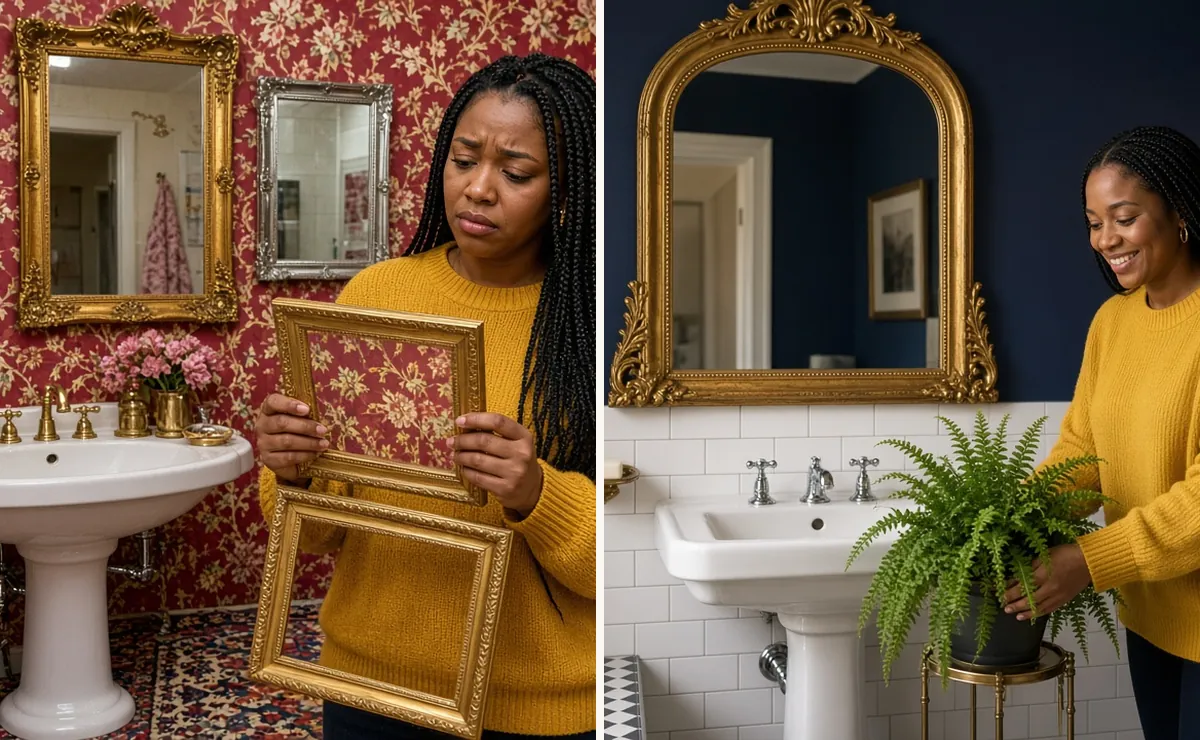 Two panels of a modern Victorian bathroom: a cluttered vanity with too much gold, then a calm styled vanity