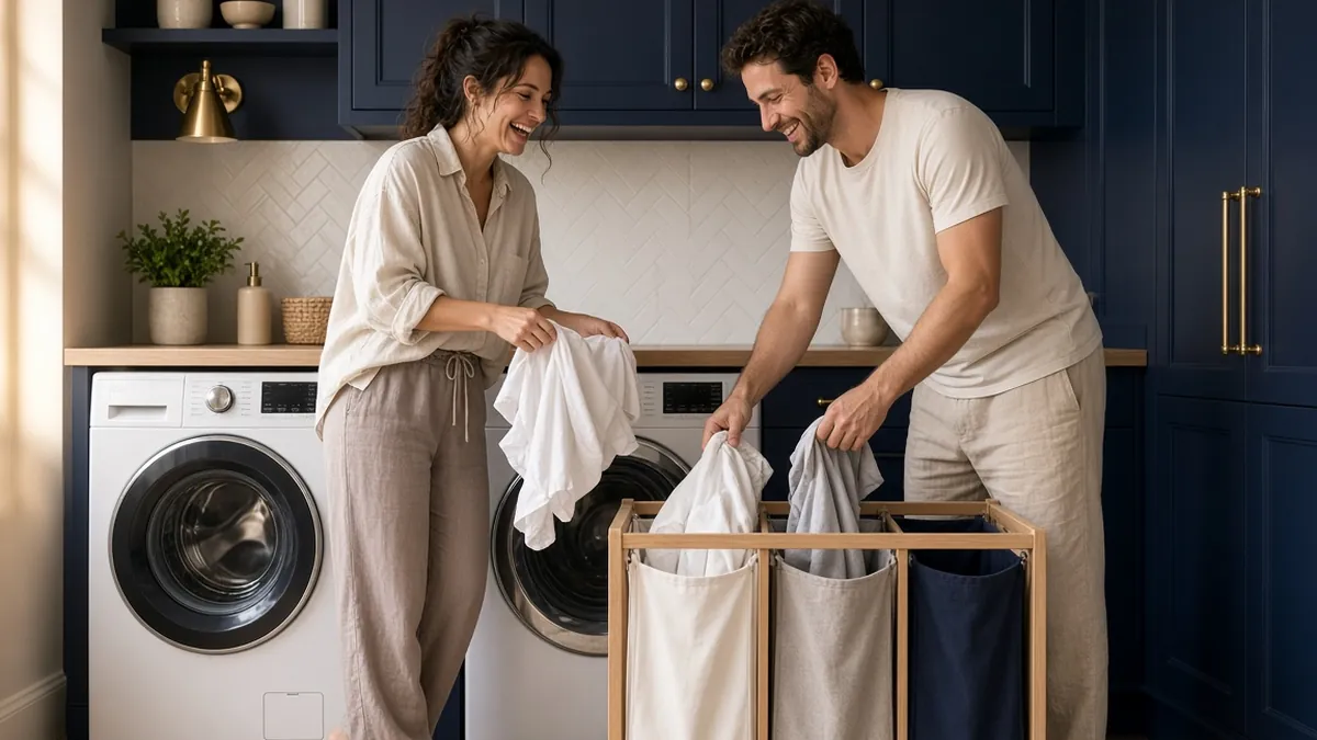 Navy laundry room cabinets with brass hardware and a couple sorting laundry into a three-bag sorter by the washer