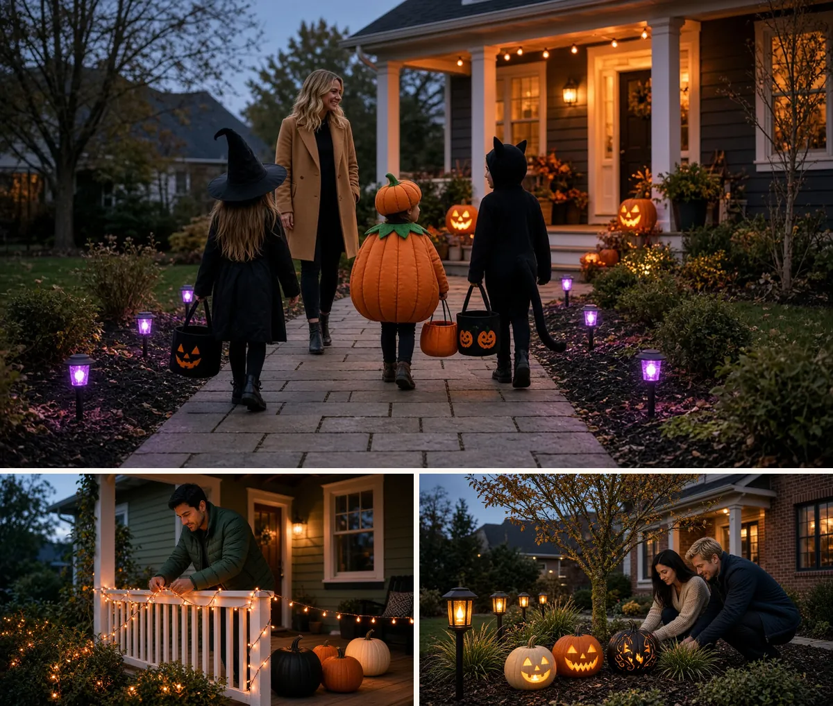 Outdoor Halloween lighting collage: purple solar path lights, warm string lights on a porch railing, and lit jack-o'-lanterns