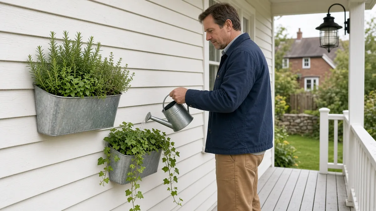 Homeowner watering a galvanized metal wall planter on a covered porch