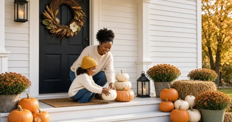 Family arranging pumpkins, mums and a harvest wreath on a front porch for outdoor Thanksgiving decorations