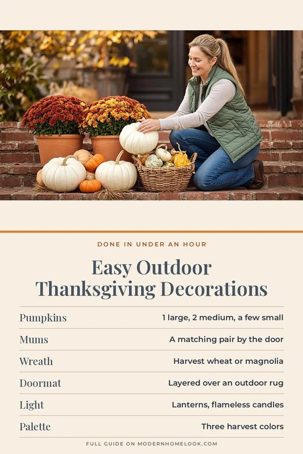 Easy outdoor Thanksgiving decorations: woman arranging white pumpkins by potted mums on brick steps, above a 6-row chart