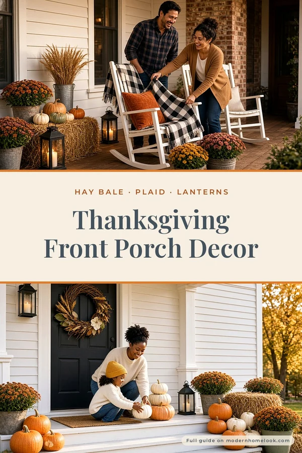 Thanksgiving front porch decor: couple setting a plaid throw on a rocker by hay bales and lanterns; family adding pumpkins