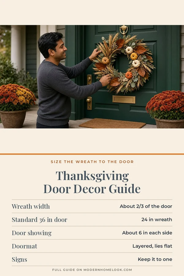 Thanksgiving door decor: man hanging a wheat and magnolia harvest wreath on a green door, above a wreath sizing chart