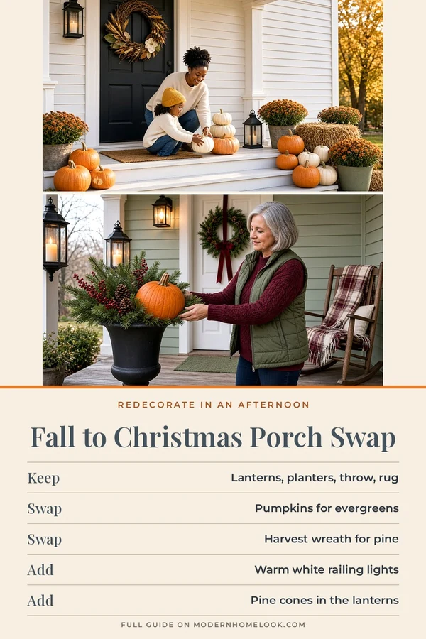 Fall to Christmas porch swap: harvest porch with pumpkins and mums, then evergreens and a pine wreath, above a chart
