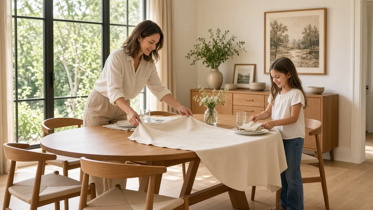 Woman placing an oval ivory tablecloth on an oval wood dining table while a child sets napkins in a bright dining room