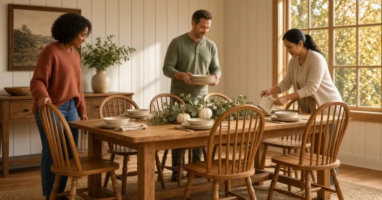 Friends setting a Thanksgiving table with wooden dining chairs that show the parts of a chair