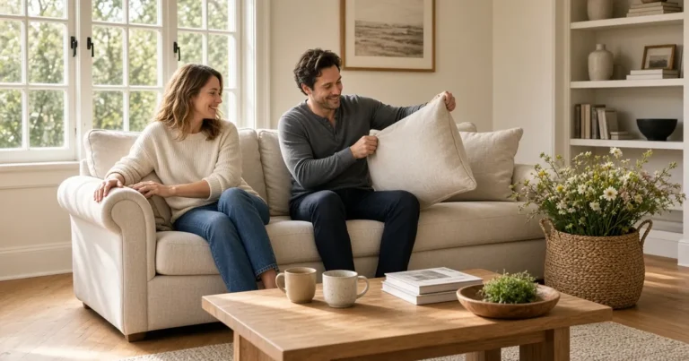 Couple sitting on a living room sofa while one points to the rolled arm and the other fluffs a back cushion in warm natural light