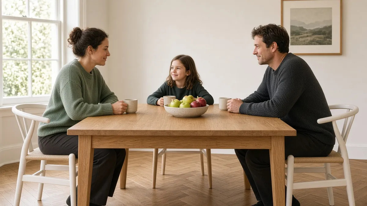 Side view of a family at an oak dining table showing the tabletop, apron and tapered legs, the main parts of a table