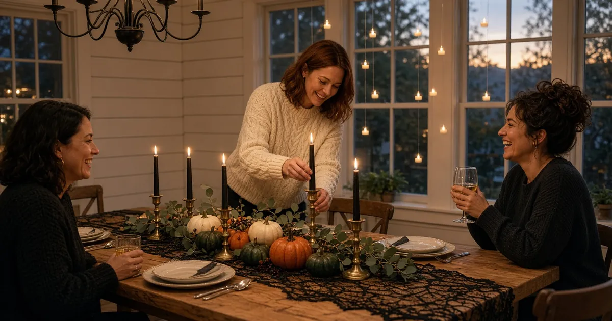 Woman adjusting a black flameless taper on a Halloween table with a lace spiderweb runner, mini pumpkins and floating candles