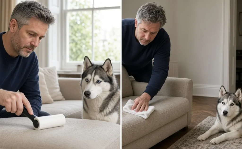 Man using a pet hair roller on an oatmeal sofa cushion, then blotting a spot with a white cloth as his husky watches