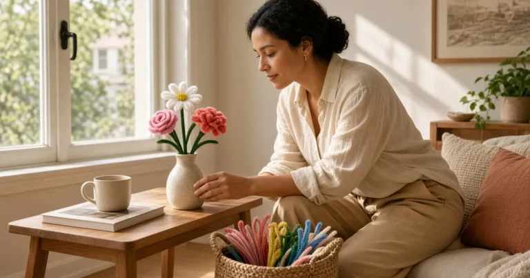 Woman arranging three pipe cleaner flowers in a bud vase on an oak side table