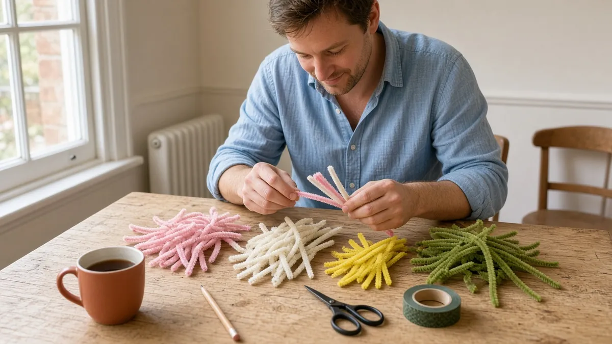 Man sorting pink, cream, yellow, and green chenille stems with scissors, a pencil, and floral tape