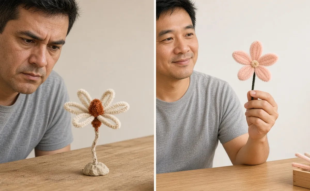 Two-panel photo comparing a loose floppy pipe cleaner flower with a tight even five-petal bloom