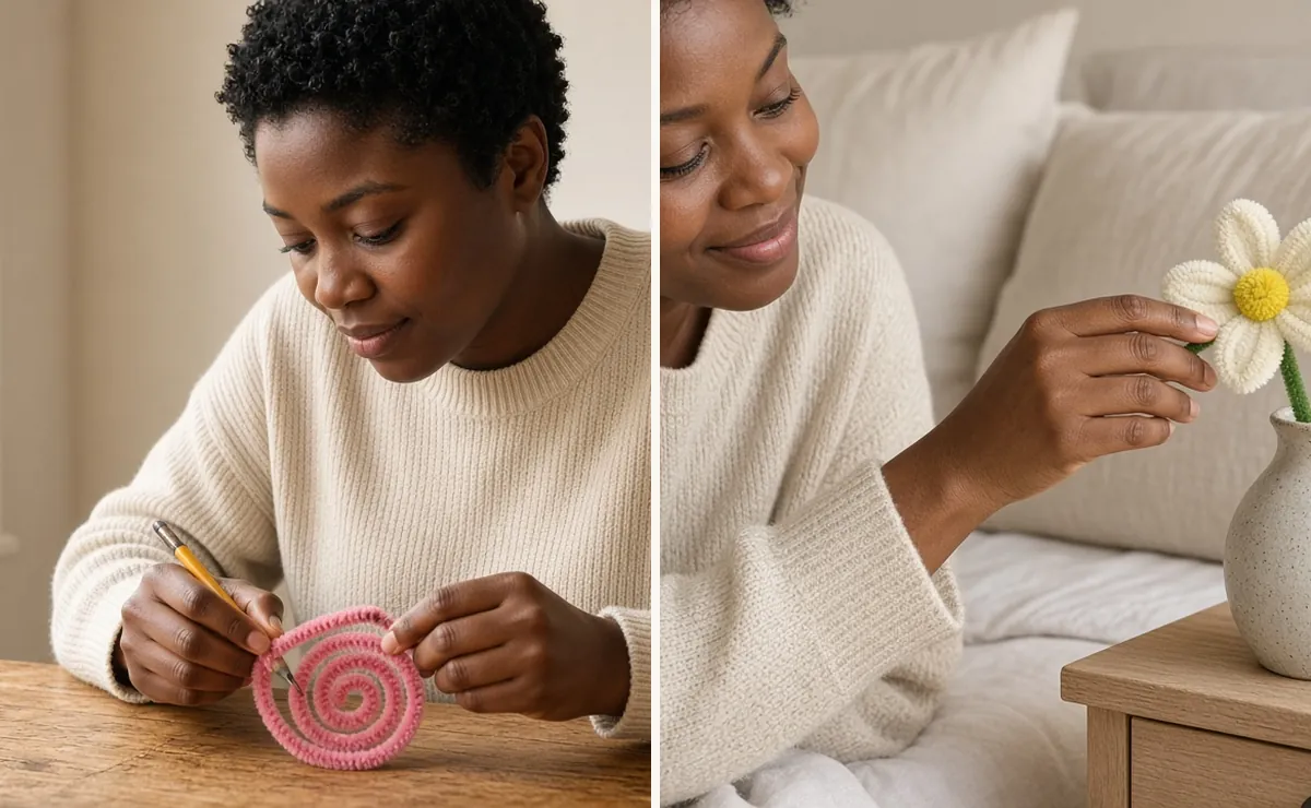 Two-panel photo of a woman looping a pink pipe cleaner on a pencil, then setting a finished daisy in a bud vase