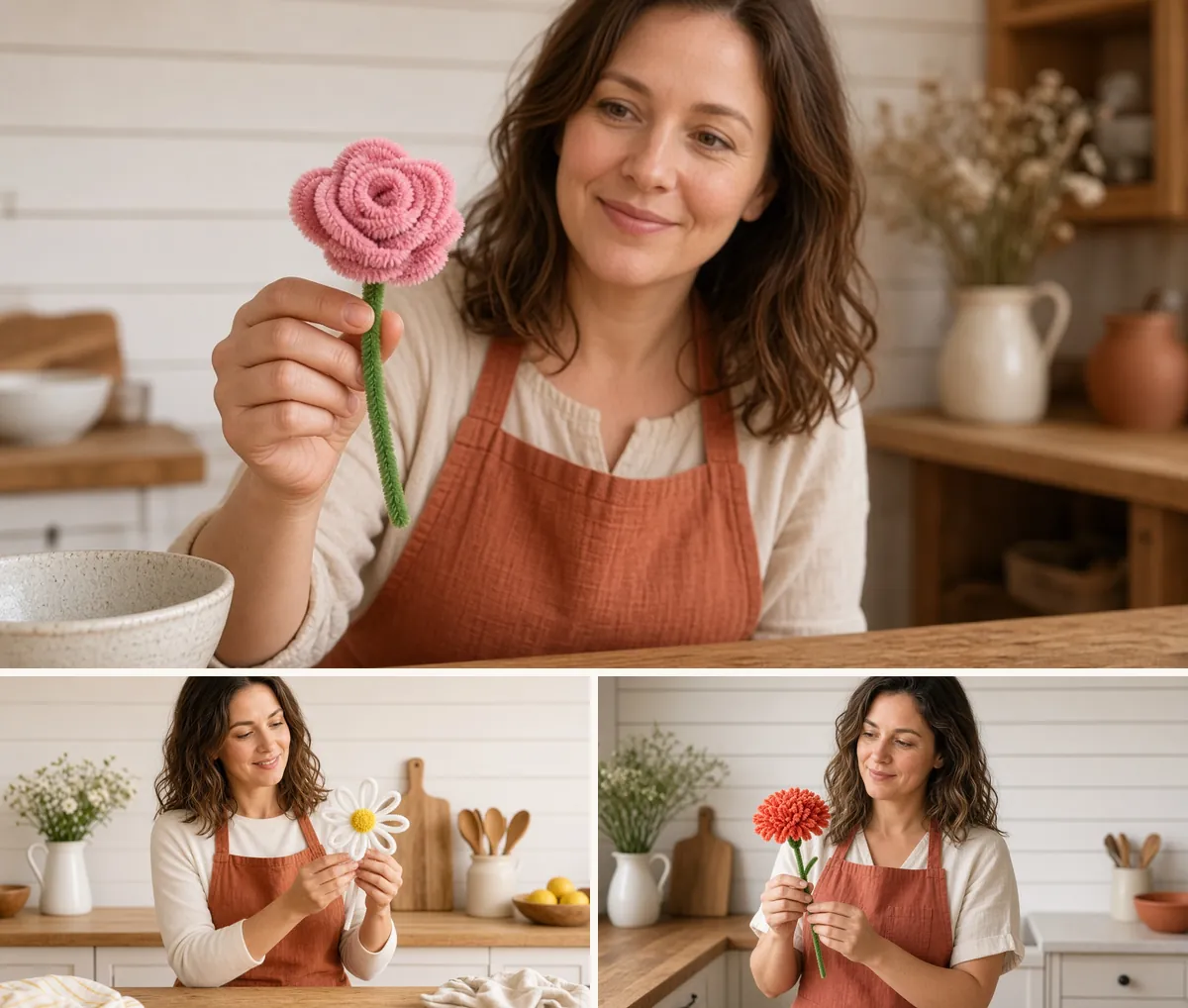 Three pipe cleaner flowers: a pink rose, a white daisy, and a coral carnation held in a bright kitchen