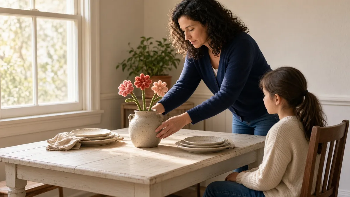 Woman setting a jar of pipe cleaner flowers on a dining table while a child watches